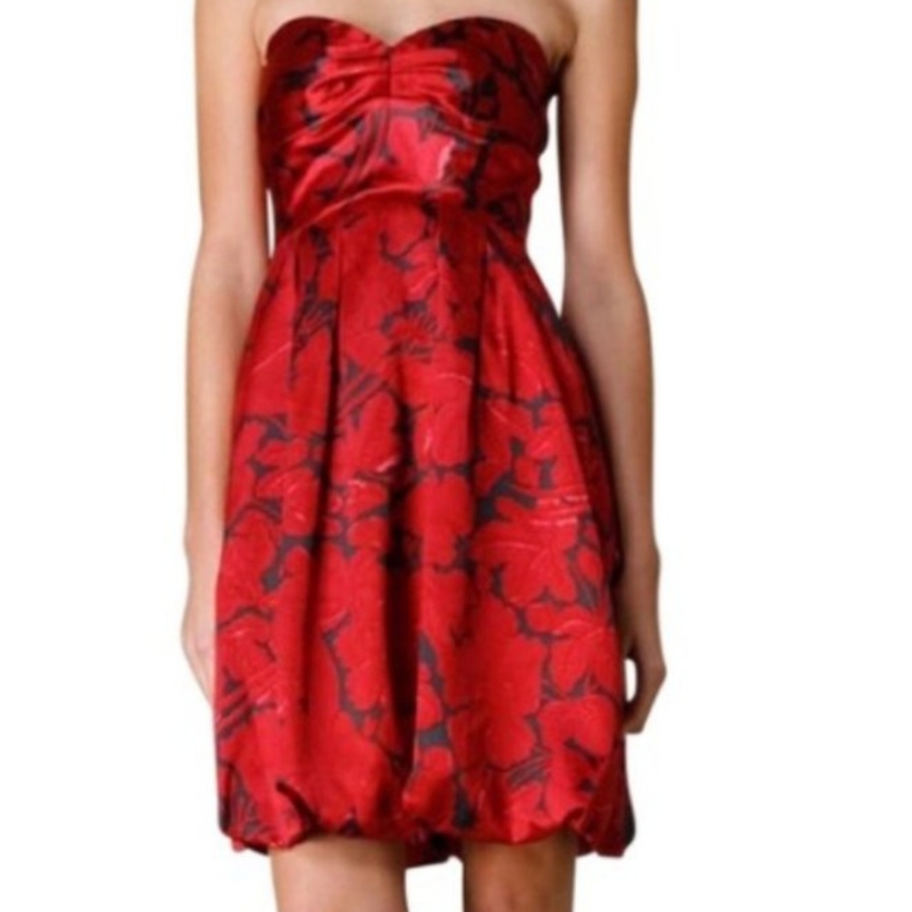 Vivienne Tam 100% Silk Red Floral Strapless Bubblehem Dress Sz 0 Cocktail Party